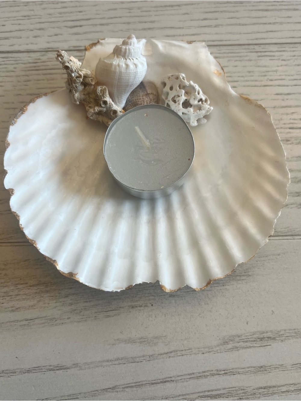 Gold Handpainted Scallop Shell Tea Light Candle Holder Coastal Decor